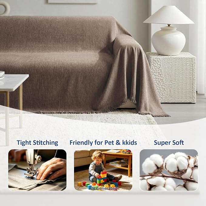 Chenille Couch Cover for Dogs Washable Boho Throw Blanket Washable | 71"×150",Coffee, Soft Chenille, Tassel Design, Pet Friendly, Furniture Protector, for Couch, Sofa, Bed, Living Room - Image 6