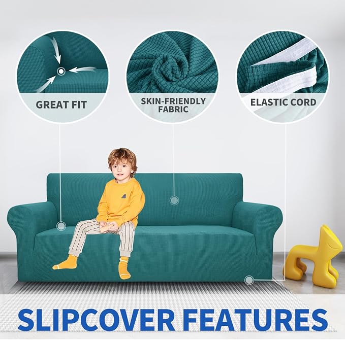 MAXIJIN Super Stretch Couch Cover for 3 Cushion Couch, 1-Piece Universal Sofa Covers Living Room Jacquard Spandex Furniture Protector Dogs Pet Friendly Fitted (Large, Peacock Teal) - Image 4