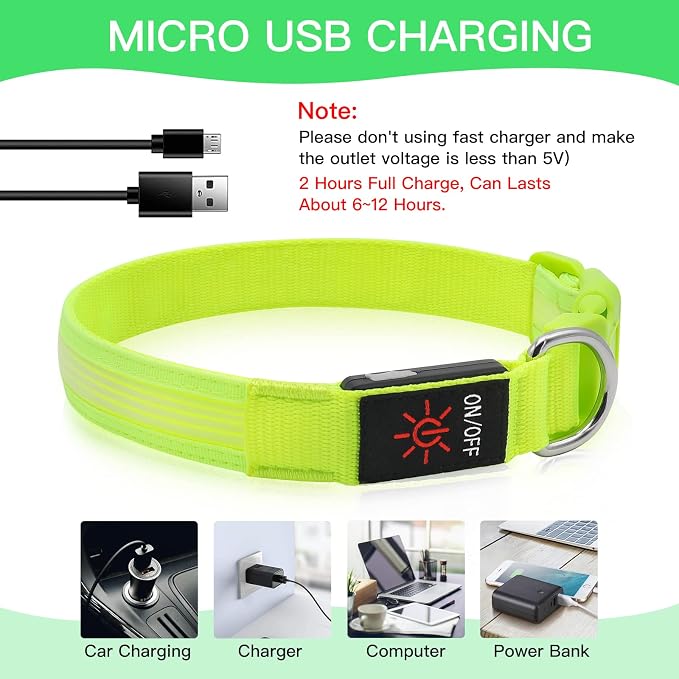 YFbrite Light up Dog Collar, USB Rechargeable LED Puppy Collar Super Bright Adjustable Glowing Dog Lights for Night Walking (Design 2-Green, Medium) - Image 5