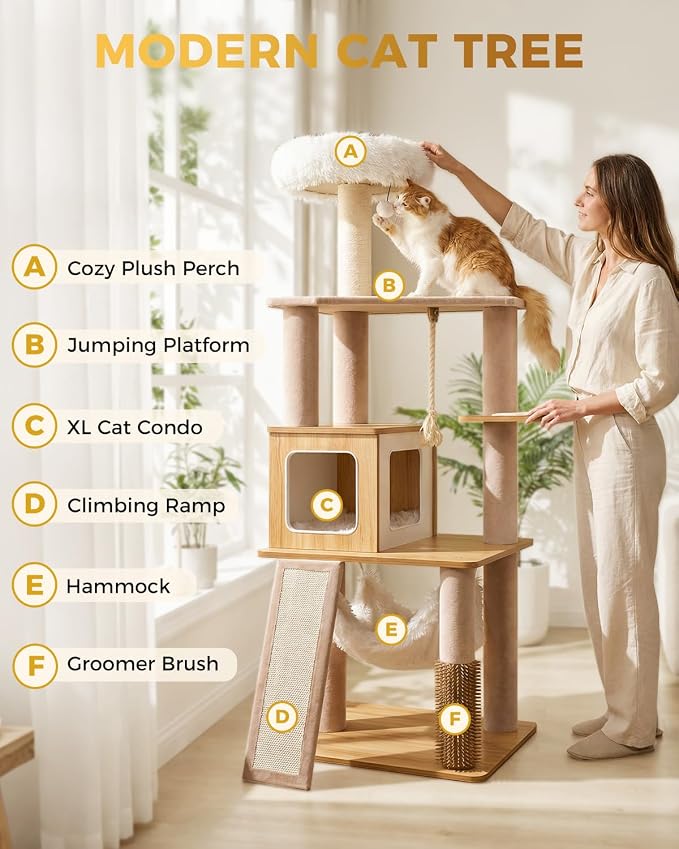 61" Wood Cat Tree Tower, Modern Cat Furniture for Indoor Cats | Engineered Wood & Plush | 61"Modern Cat Tower | 20 lbs Per Platform | Anti-Tip Base | Sisal Posts | Washable Cushions - Image 5