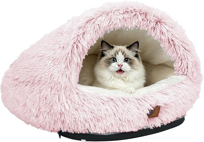 YooxArmor Round Covered Cat Bed Cave Dog Bed for Small Medium Pets,Pink,S | Cozy,Washable,Windproof,Hooded Cat Bed Cave,Self Warming Anti-Anxiety House with Fluffy Cover by YooxArmor