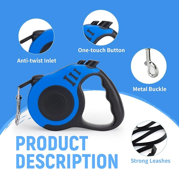 Retractable Dog Leash Automatic Telescopic Tractor Dog Tape | Pet Tape 10/16 FT Durable and Convenient, with Non-Slip Handle, Suitable for Small and Medium-Sized Dogs Blue - Image 4