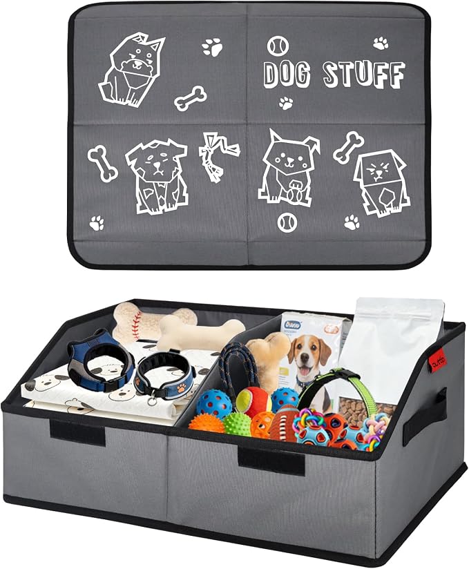 Dog Toy Box with Lid and Removable Divider, 19" Collapsible Toy basket and Handle，600D Fabric Cute Puppy Organizer for Pet Toys and Accessories - Grey - 1pcs by outtip