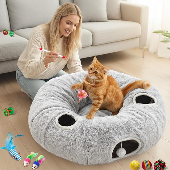 4-Holes Cat Tunnels for Indoor Cats, Plush Donut Cat Bed Tunnel Grey | Large Cat Bed Cave, 11 Cat Toys Gift, Very Soft and Lightweight, Cat Cave Hideout, fits Multiple Cats, Kitten, Puppy, Rabbit - Image 8