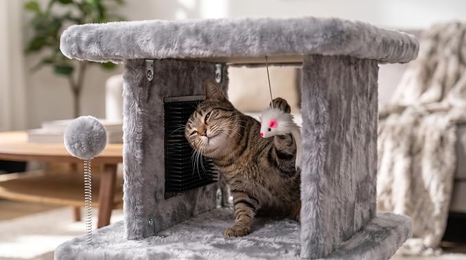 Large Cat Bed with Scratching Post and Combing Board, Sturdy and Durable, Ideal for Small Breeds | Large plush cat tunnel with a removable sisal scratch pad, grooming brush, hanging toys, and spacious hideaway for cats. - Image 4