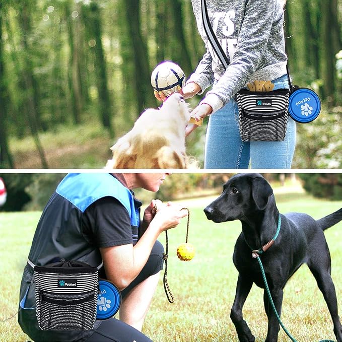 PetAmi Dog Treat Pouch, Pet Treat Pouch For Training, Dog Walking Bag Holder for Kibbles, Pet Food Toy, Dog Trainer Essentials Supplies, Poop Bag Dispenser, 3 Ways to Wear (Black Stripes) - Image 5