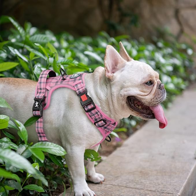 PoyPet Plaid Dog Harness Large, No Pull Vest with Front Clip & Neck Buckle | Padded Handle, Reflective, No Choke, Lockable, 2 Leash Rings, Full Adjustable, for Training Walking, XL, Checkered Pink - Image 5