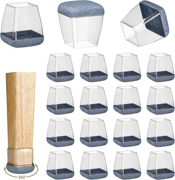 16 Pack Chair Leg Floor Protectors for Hardwood Floors, Round Rubber Furniture Sliders, 360°Felt Pad Bottom Wrapped Thickening Silicone Furniture Legs Caps Covers(Square,Clear-Gray-M Plus) by Yarehand