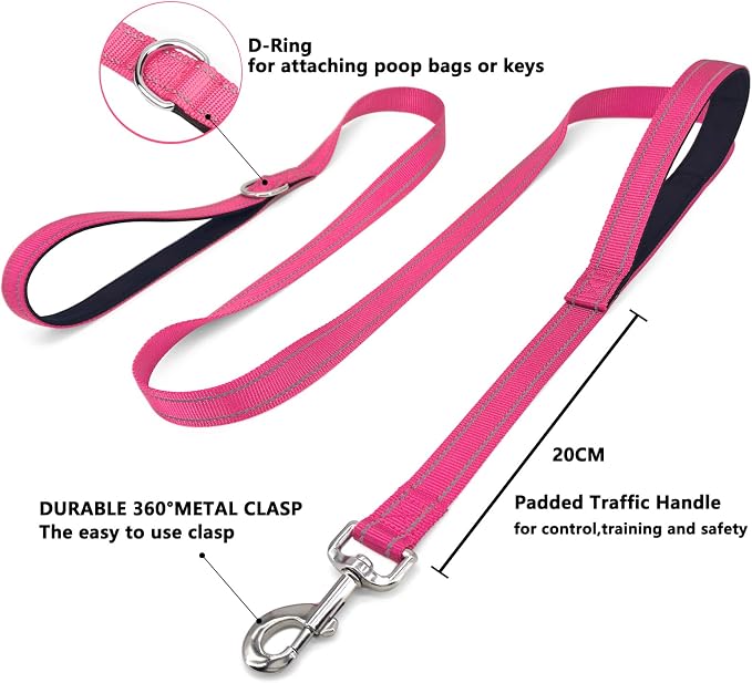 6 FT Pink Nylon Reflective Dog Leash for Small Dogs with 2 Padded Handle | Soft breathable padded dual handles,D-Ring design - Image 3