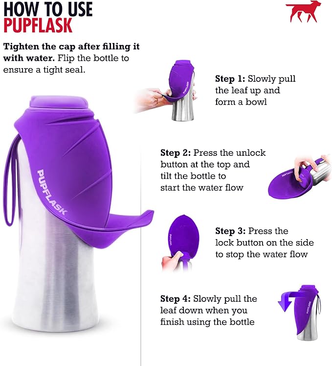 PupFlask Large Dog Water Bottle, Portable Stainless Steel Travel Bowl | 27 or 40 oz Leak-Proof Drink Dispenser with Built-In Cup and Carry Strap for Walking, Hiking and Travel; For All Dog Breeds - Image 3