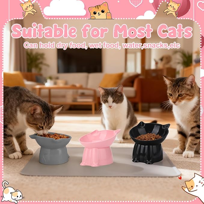 3 Pcs Elevated Cat Bowls 15°Raised Cat Food Bowl with Silicone Mat Grey | with Silicone Mat Whisker Friendly Anti Vomiting Cats Dishes Pet Food and Water Bowls for Indoor Cats Kittens - Image 6