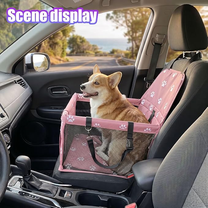 Pet Car Seat, Waterproof Oxford Dog Car Booster Seats, Pink Paw | with Seat Belt and Mesh Window, Breathable & Portable Foldable Travel Look Out Bag for Small Medium Dogs & Cats - Image 6