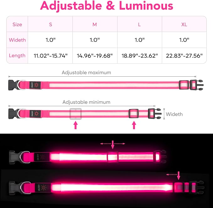 VIZPET LED Dog Collar, Light up Dog Collar Adjustable Safety Glowing Collar | USB Rechargeable Super Bright Light Collars for Dogs(Medium, Pink) - Image 5