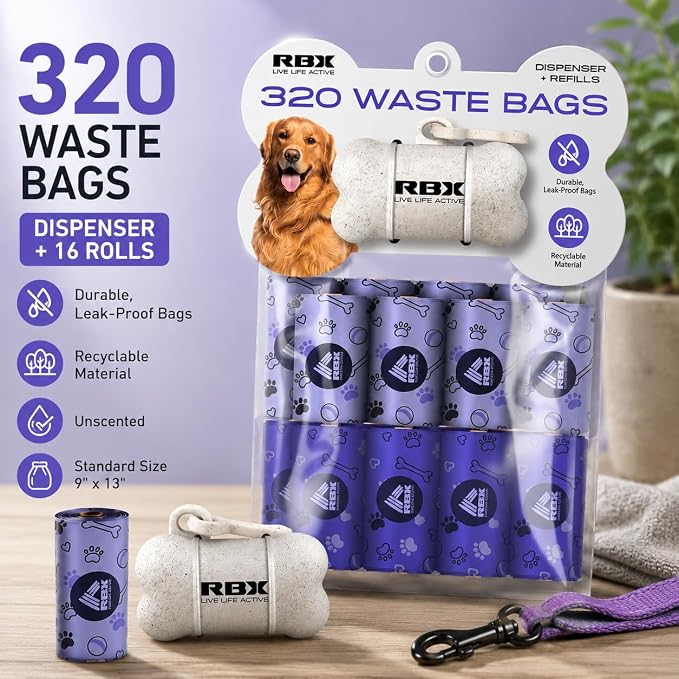 RBX Dog Poop Bags Rolls with Dog Poop Bag Holder for Leash, 320 Poop Bags for Dogs with Clip-On Dispenser, Durable Leak-Proof Dog Waste Bags, 16 Refill Rolls, Recyclable Material - Image 2