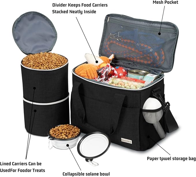 BAGLHER Dog Travel Bag Backpack Pet Supplies Backpack Pet Accessories Storage Bag 5-Piece Set With Shoulder Strap 2 Lined Pet Food Containers 2 Foldable Feeding Bowls Essential Kit for Pet travel - Image 7
