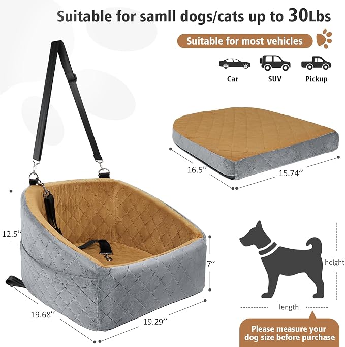 NEEZUKAR Dog Car Seat for Small Medium Dogs,Detachable Washable Dog Booster Seat Under 30lbs, Pet Car Seat Travel Bed with Storage Pockets and Dog Safety Belt(Grey/Brown) - Image 2