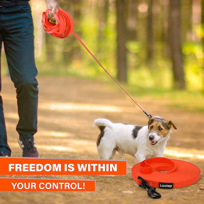 Waterproof Long Line Dog Leash, Padded Handle, 30 ft, Orange | Soft PVC-coated webbing with 360° swivel carabiner for swimming, tracking and rainy walks - Image 7