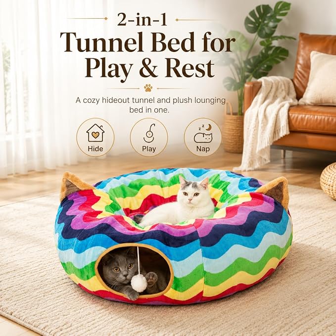 Large Cat Tunnel Bed Under Christmas Tree with Fluffy Toy Balls, Small Cushion and Flexible Design- 10 inch Diameter, 3 ft Length- Great for Cats, and Small Dogs, Rainbow Wave Color - Image 2