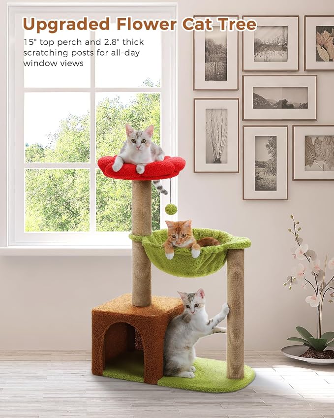 35" Flower Cat Tree for Kittens with Hammock & Sisal Posts, Brown | Flower-shaped top perch, Metal frame hammock, Sisal scratching posts, Cozy pink condo, Sturdy stable base, For small cats - Image 7