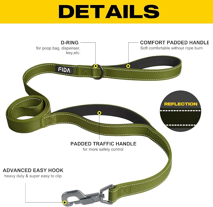 Fida Heavy Duty Dog Leash for Medium Large Dogs, 5 FT, Dual Padded Handles | Traffic Handle for Close Control, Advanced Easy Snap Hook, Reflective, Strong Nylon Webbing for Daily Walks & Training, Green - Image 2