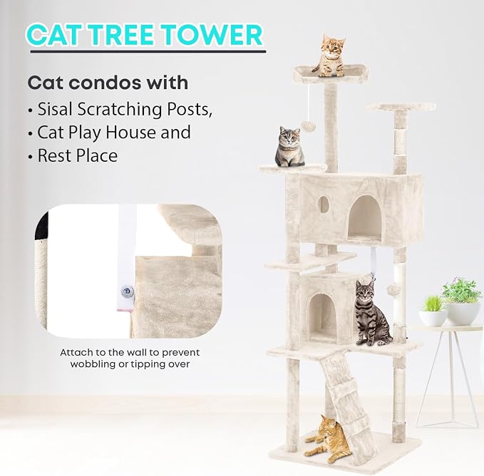 FDW | 70" Cat Tree Tower | Beige | Multi-Level Indoor Activity Center with Sisal Scratching Posts, Condos, Plush Perches, Hanging Cat Toys | Sturdy, Easy to Assemble | for Kittens & Adult Cats - Image 6