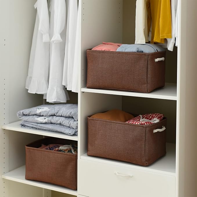 TheWarmHome Decorative Basket Rectangular Fabric Storage Bin Organizer Basket with Handles for Clothes Storage (Brown,Large-3Pack,15.7L*11.8W*8.3H) - Image 4