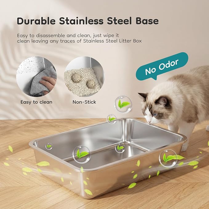 OLIXIS Stainless Steel Litter Box with Lid, Easy Cleaning | Extra Large Enclosed Litter Pan for Big Cats, High Sided Cat Box with Scoop & Mat, Front & Top Entry, Black - Image 5