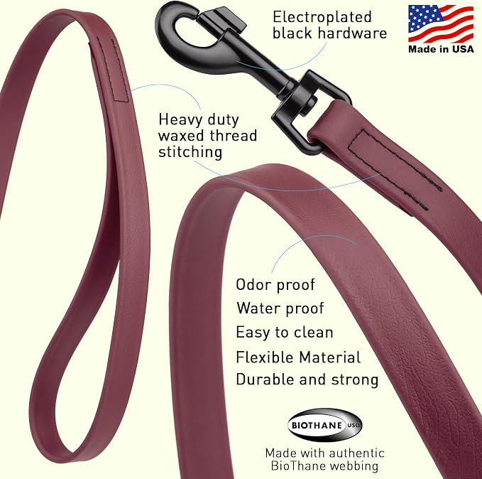 Dogline Biothane Waterproof Dog Leash Strong Coated Nylon Webbing with Black Hardware Odor-Proof Easy to Clean High Performance for Small or Large Dogs Made in USA 4 or 6 ft Lead, Merlot Burgundy - Image 2