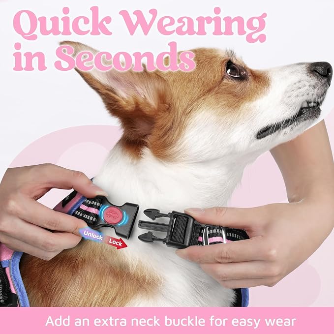 rabbitgoo Dog Harness for Large, No Pull 3 Buckles Easy On & Off | Soft Padded, Walking with Control Handle, Adjustable and Reflective, Light Pink & Blue, Large - Image 2