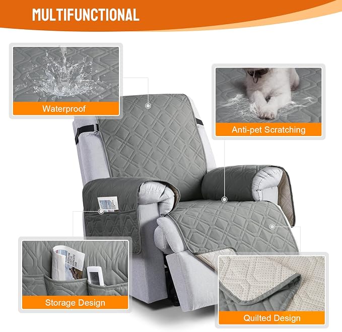 VANSOFY 100% Waterproof Recliner Chair Covers Washable, Gray, 20" | Non-Slip, Slipcover with Pocket, Furniture Protector, Elastic Straps, Chair Cover for Pets, Dogs - Image 4