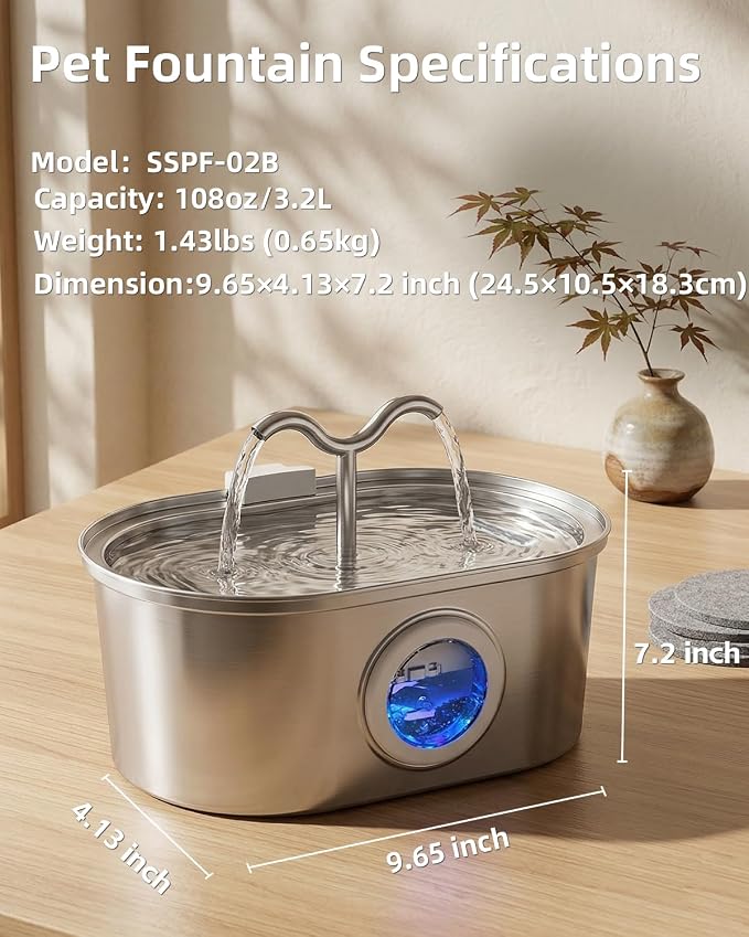3.2L/108oz Stainless Steel Cat Water Fountain Pet Fountain | Automatic Pet Water Dispenser - Self-Designed Filtration System - Ultra-Quiet Pump - Easy Cleaning & Maintenance (3 Filters) - Image 3