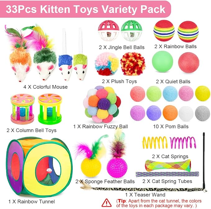 Retro Shaw Cat Toys Packs,33PCS,Interactive Kitten Toys for Indoor Cats | Kitty Game Tunnel Cat Feather Teaser Wand Springs Pompom Ball Bells Plush Mouse,15.7" - Image 2