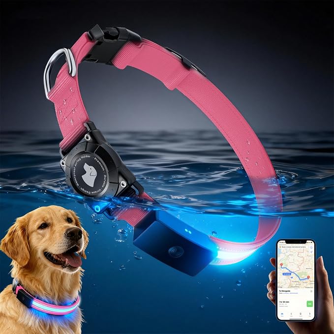 LED AirTag Dog Collar - Brightest Light Up Dog Collars, Pink XL | IP68 Waterproof Air Tag Dog Collar Holder, 1,600 Feet of High Visibility, Magnetic Charging, Dog Lights for Night Walking by Unknown