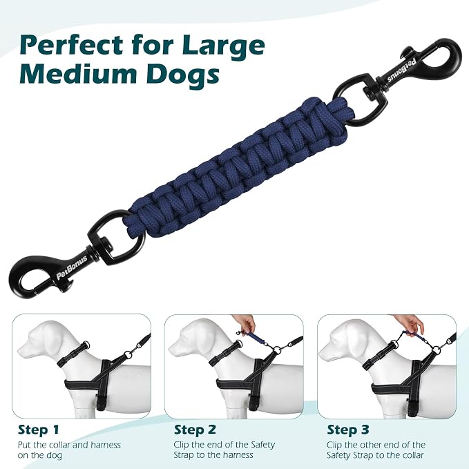 PetBonus Dog Collar Safety Clip, Handmade Prong Collar to Harness Connector | Dog Leash Backup Safety Strap, Escape Proof, Double Ended Clasp, Lead Connector for Pinch Collar, Harness (Navy Blue) - Image 6