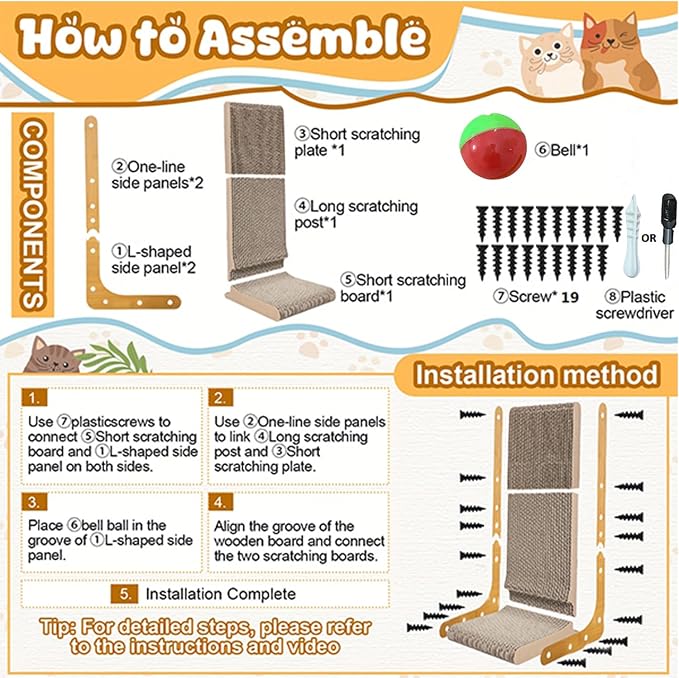L Shape Cat Scratcher, 23.6 Inch Large Vertical Scratching Board Wall Mounted, Durable Cardboard Scratch Pad with Ball Toy - Protects Furniture for Indoor Cats (23.6in) - Image 2
