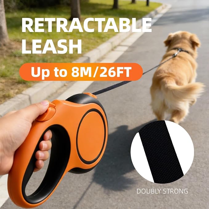26Ft Retractable Dog Leash, Heavy Duty Great Leash for Dog up to 110 lbs, Anti-Slip Rubberized Handle, One-Handed Brake, Strong Nylon Tape, Tangle Free(Large，Orange&Black). - Image 2