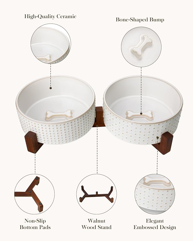 MALACASA Dog Bowl Set, Ceramic Bowls with Walnut Wood Stand, 6 Cups | Rhombic and Polka Dot Design, Non-Slip Base, for Dogs, About 26% Heavier than Similar Ceramic Bowls - Image 5