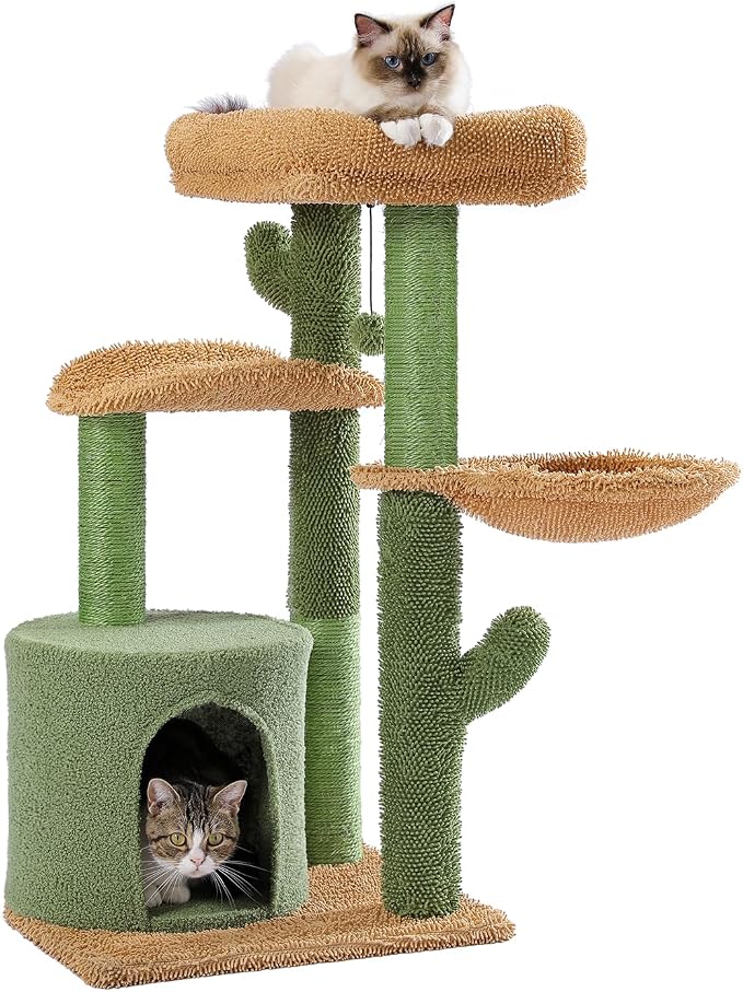 Cactus Cat Tree, Multi-Level Cat Tower with Large Metal Carpet Hammock, Cat Scratching Post for Indoor Cats with Condo & Replaceable Toy Ball, Green by MUTTROS