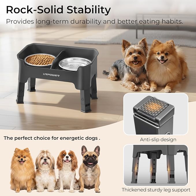 URPOWER Mess Proof Elevated Dog Bowls, Splash Guard Raised Bowl Stand | 4 Adjustable Heights, 2 Stainless Steel Bowls, Food & Water Separation, Non-Slip Base, Foldable Design for Small Dogs - Image 6