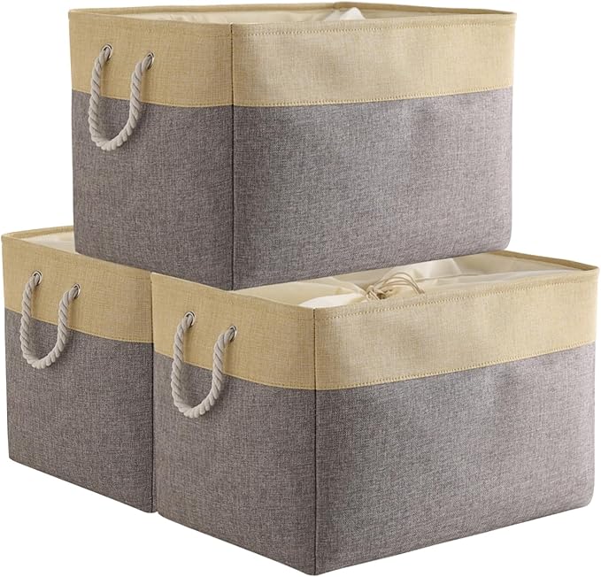 TheWarmHome Storage Bins Baskets for Organizing - Extra Jumbo 3 Pack 20.5Lx15.7Wx13.8H Sturdy Fabric Storage Basket for Shelves, Decorative Foldable Closet Nursery Toy (Gold&Grey) by TheWarmHome