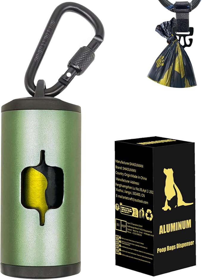 Metal Dog Poop Bag Holder w/Leash Clip|Durable Scratch-Resistant Aluminum|15 Bags+3 Accessories(Drak Green) by SHAOUMAN