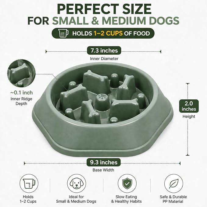 Slow Feeder Bowl for Small & Medium Cats & Dogs - Durable Slow Feeding Bowl with Non-Slip Base - Anti-Choking Puzzle Food Bowl for Dogs That Helps Mental Stimulation & Reduces Fast Eating-Green - Image 2