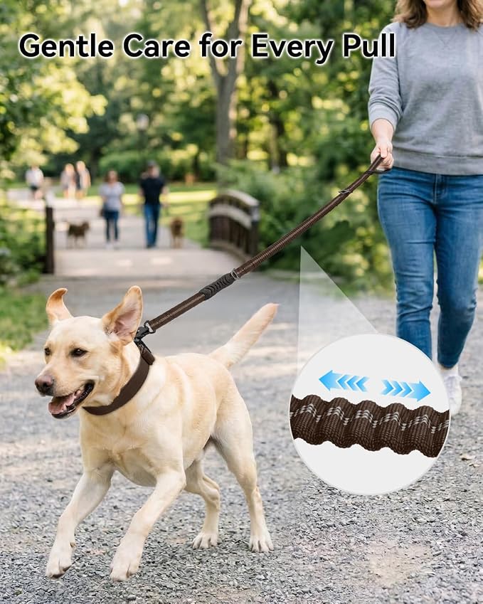 Joytale Tactical Bungee Dog Leash, Shock Absorbing No Pull, Brown | for Large Dogs That Pull, 2 Padded Handles for Control, Car Seatbelt Clip, Reflective for Night Safety, Metal Frog Clip - Image 3