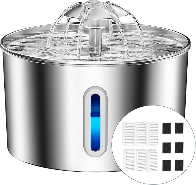 Cat Water Fountain Stainless Steel - 74oz/2.2L Automatic Large Pet Watering Bowl Dispenser for Indoor Cats - Drinking Fountains with 6 Filter, Gifts for Dogs and Kitty - Dog Waterer Bowls No Spill by CatWaterFountain