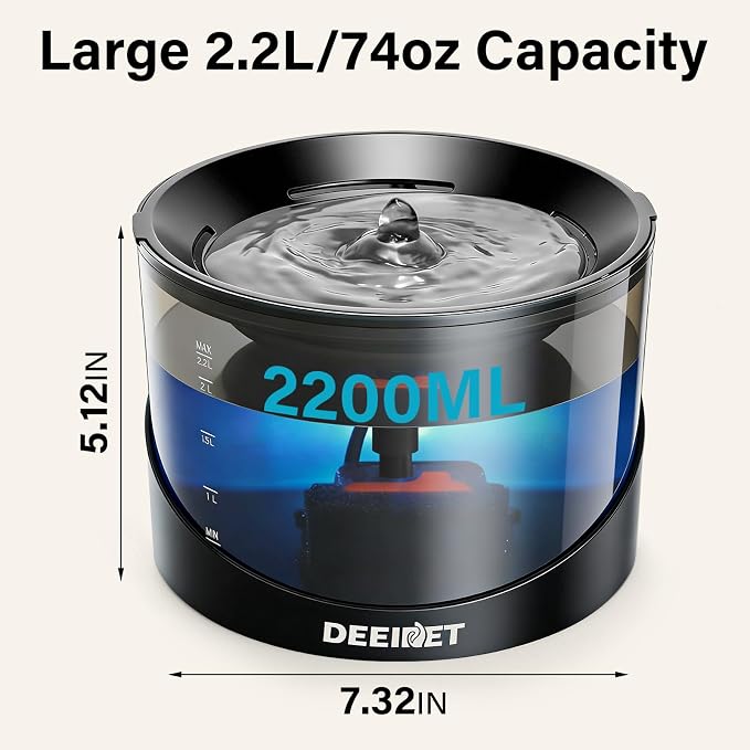 DEEIPET 2.2L/74oz Bubbling Cat Water Fountain, 360° Drinking Area, 24H Oxygen-Rich Flow, Replaceable Pump & BPA-Free ABS, LED Auto Shut-Off Pump, Ultra Quiet USB Adapter, for Cats & Small Dogs - Image 2
