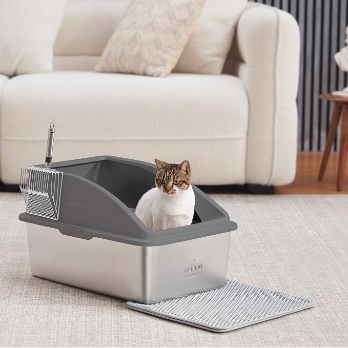AIPERRO Stainless Steel Litter Box | XXL Deepened 8" Design Metal Cat Box | High Sided with Lid for Big Cats | Anti-Urine Leakage | Non-Stick Bottom & Easy to Clean | Includes Litter Mat & Metal Scoop - Image 7