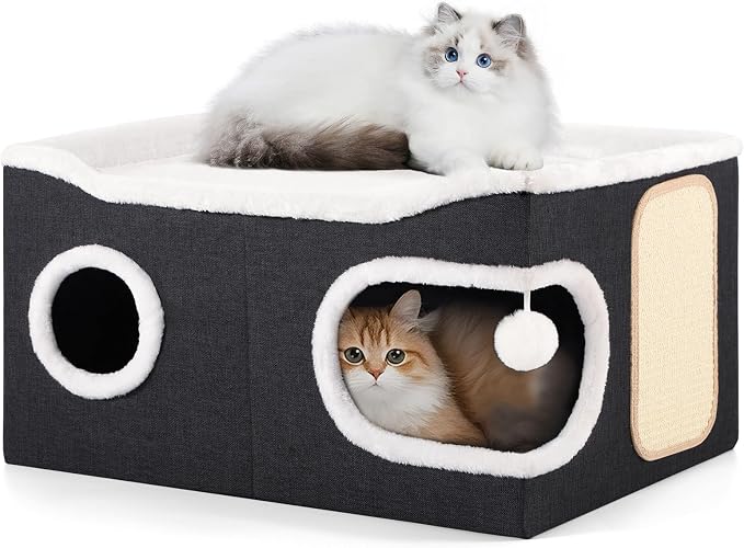 Shikha Extra Large Cat House Bed for Multi Cats with Scratch Pad Black | 24 x 17.7 x 12.6 IN Widen Cat Cave Cube for Multi Pets, Foldable, Arc-Edge Design, Oval Door, All Seasons Reversible Cushion by Shikha