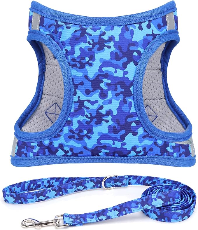Step in Air Boy Dog Harness Leash Set- All Weather Reflective No-Pull Padded Mesh Vest Harness for Cats Puppy Extra-Small Small Medium Large Dogs - Blue Camouflage - S by MOONPET