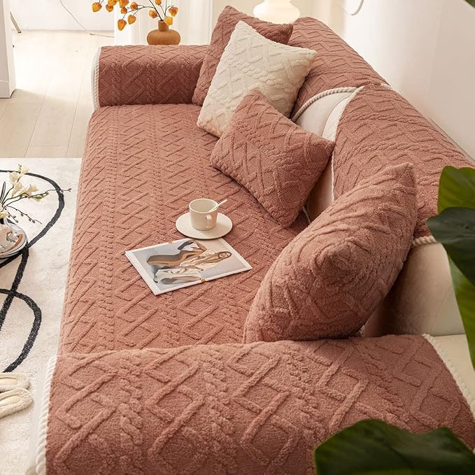 vctops Geometric Jacquard Plush Sofa Couch Covers Farmhouse Neutral Non Slip Sectional Couch Cover Soft Warm Sofa Slipcover for Dogs, Children, Pets Furniture Protector (Orange,43"x63") - Image 4