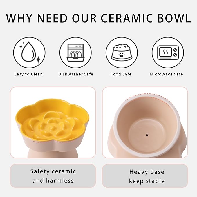 Tilted Cat Bowl, Flower-Shaped Ceramic Slow Feeder Cat Bowl, Raised Pet Bowl for Whisker Relief, Prevents Vomiting & Bloating, Non-Slip Base, Easy to Clean for Dry/Wet Food (Pink & Blue) - Image 5